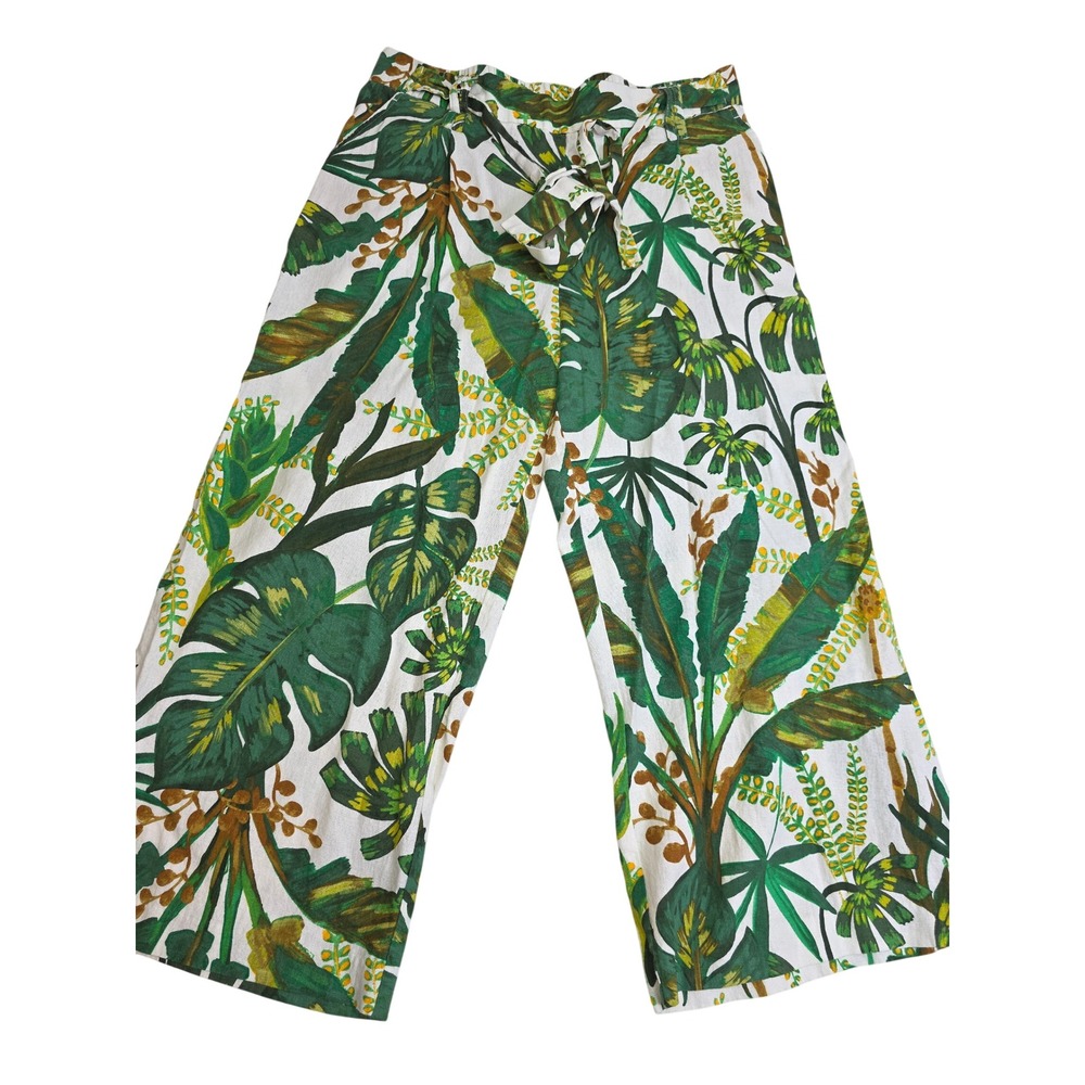 Joie Women Green Tropical Palm Leaf Print Linen Blend Wide Leg Cropped Pants 12